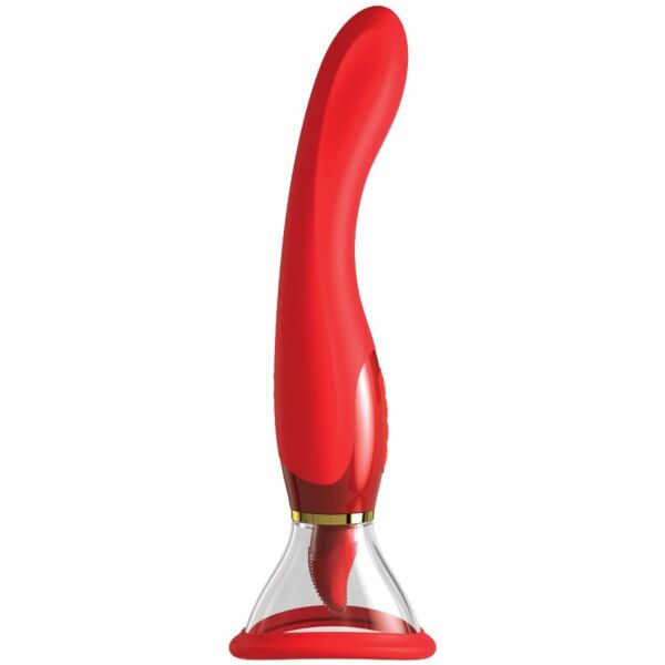 Red Pipedream Ultimate Pleasure 24K Gold Edition with gold detail and a suction head with moving tongue