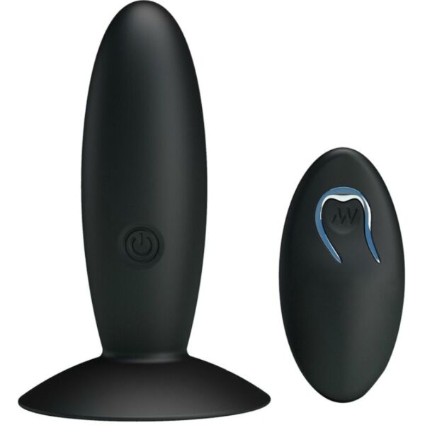 Pretty Love vibrating butt plug with remote, in black, next to its remote control