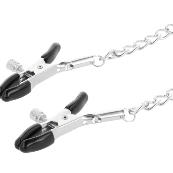 Darkness collar with nipple clamps in black, with the silver chain joining the collar to the two nipple clamps
