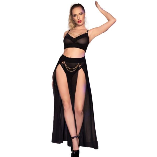 Black Chilirose CR 4672 lingerie set with top, skirt and thong with gold chains