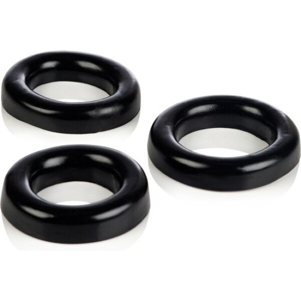 The three black rings of the CalExotics COLT 3 Ring Set cock rings, in three sizes