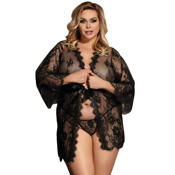 Black Subblime Queen Plus lingerie robe with floral lace, sheer panels and flared sleeves