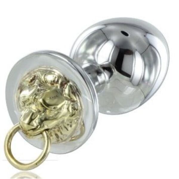 Metal Hard Tiger butt plug in polished steel, with the carved tiger and the retaining ring