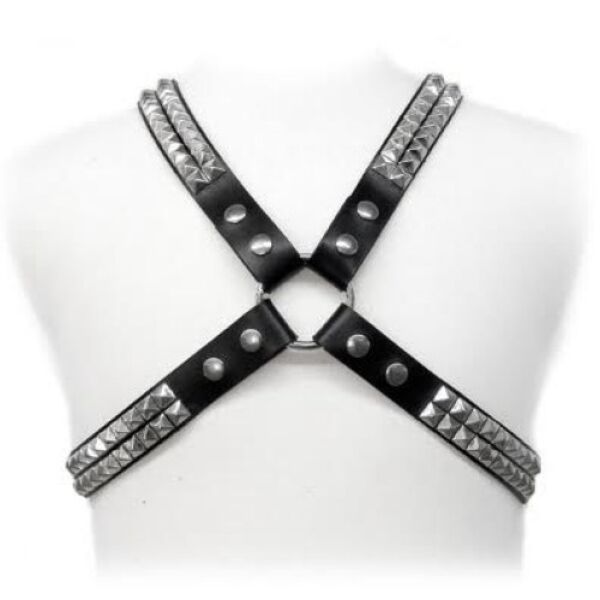Leather Body Pyramid Stud body harness for men, fully laced with metal details