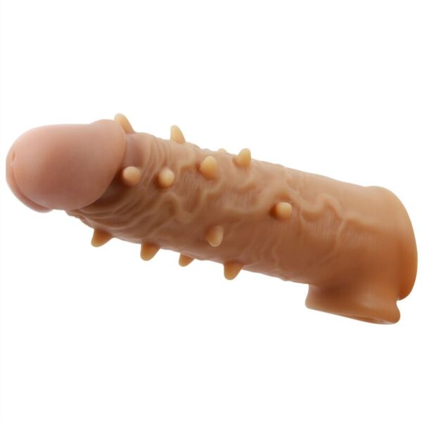 Realistic-looking Pretty Love Osborn penis sleeve with raised details and a testicle ring