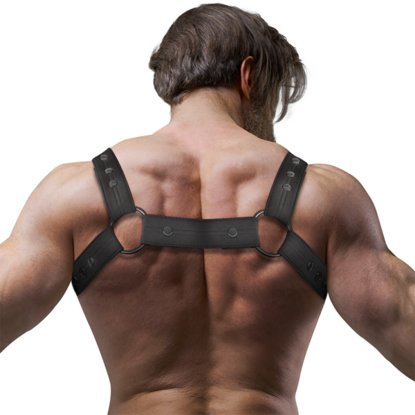 Fetish Submissive Attitude chest harness in vegan leather, with straps over the shoulders and chest