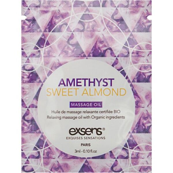 Exsens Amethyst Sweet Almond 3 ml massage oil, single-use bottle with amethyst stones inside