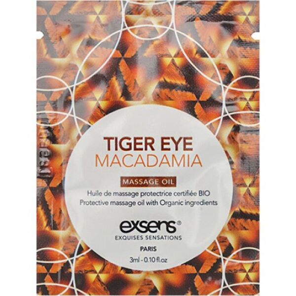 Exsens Tiger Eye Macadamia massage oil in a 3 ml single-use pack