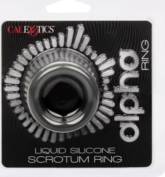 CalExotics Alpha Scrotum Ring in grey liquid silicone, with a curved hourglass shape