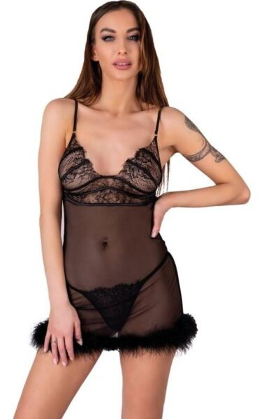 Livco Corsetti Zerunam babydoll set in black, with a thin-strap mesh top and a matching thong