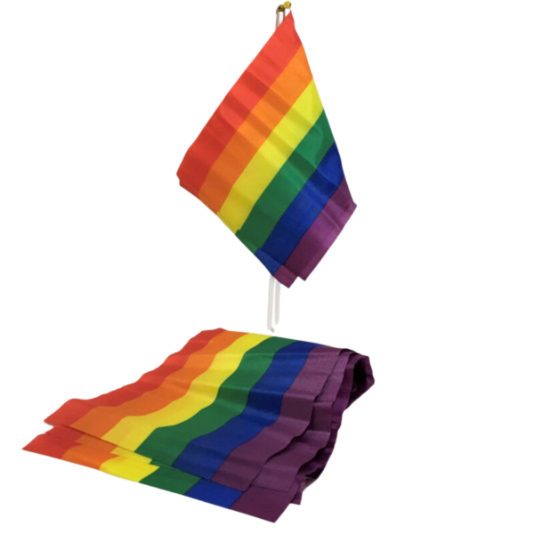 Diablo Picante small hand flag in gay pride colours, attached to its stick
