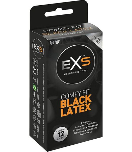 Box of Exs Black Latex black condoms, pack of 12