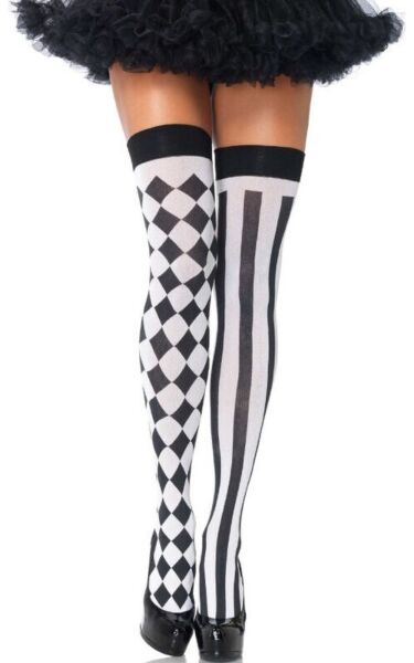 Leg Avenue Harlequin thigh high stockings with a black and white diamond print