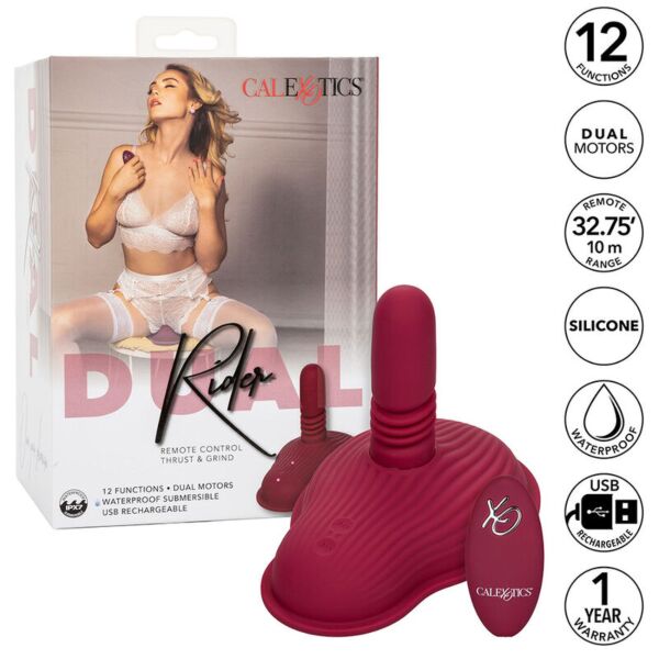 Red CalExotics Dual Rider Thrust & Grind thrusting vibrator with its remote control