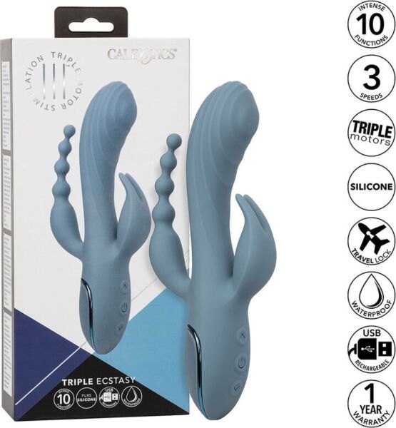 Blue CalExotics III Triple Ecstasy rabbit vibrator with shaft, stimulator and beaded tail