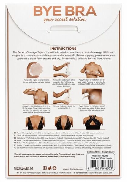 Bye Bra Perfect Cleavage adhesive breast lift tape for creating cleavage, with its nipple covers