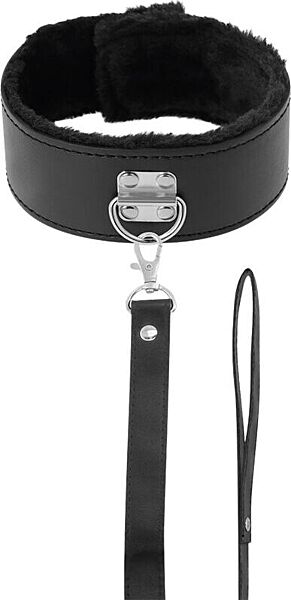 Black Darkness collar with chain, with the chain attached to the ring and the handle at the end