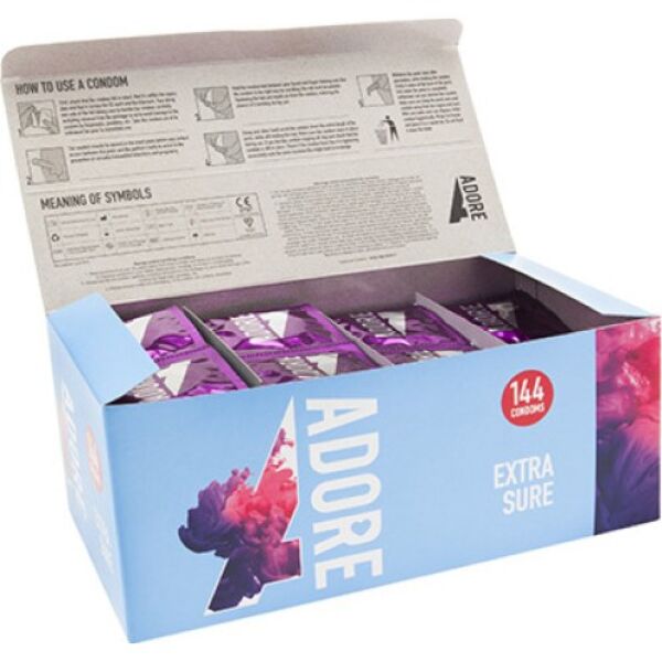 Pasante Adore Extra Sure condoms in their square wrappers