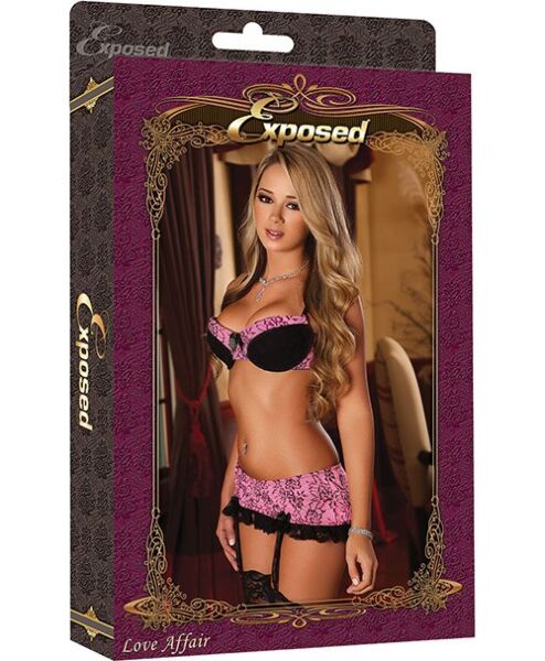 Exposed Bra & Skirt Set Pink lingerie set, with a bra, thong and garter skirt in pink floral fabric with black lace