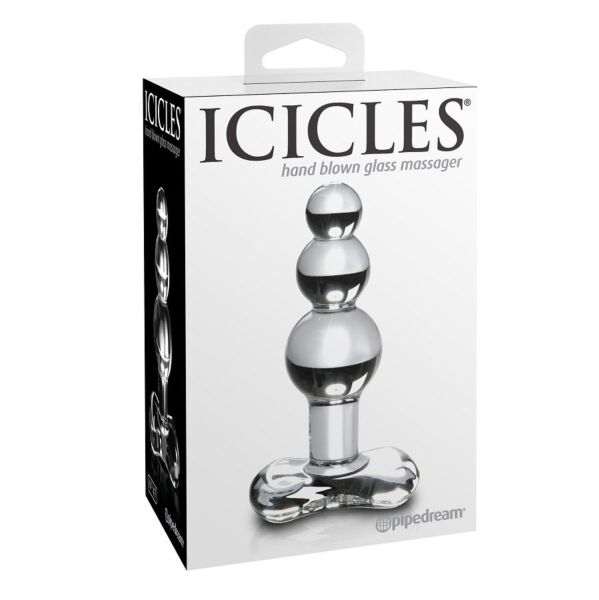 Pipedream Icicles N. 47 glass butt plug with a curved body and a ring at the base