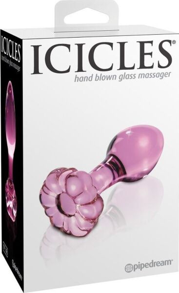 Icicles N. 48 glass butt plug with a curved body and ring at the base
