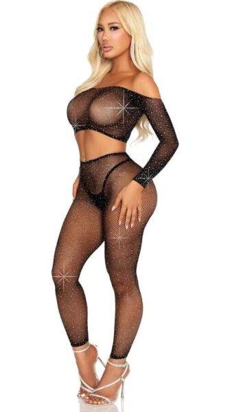 Leg Avenue Captivating Crush set in black, rhinestone mesh crop top and leggings