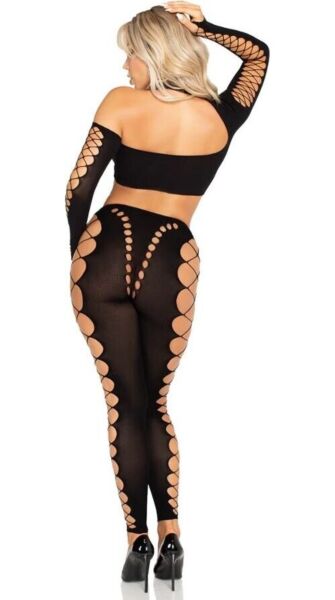Leg Avenue Notorious crop top and leggings set with an asymmetric crop top and footless leggings, in black