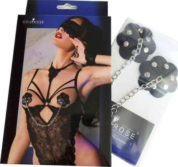 Chilirose CR 4675 black nipple covers with silver studs and chain