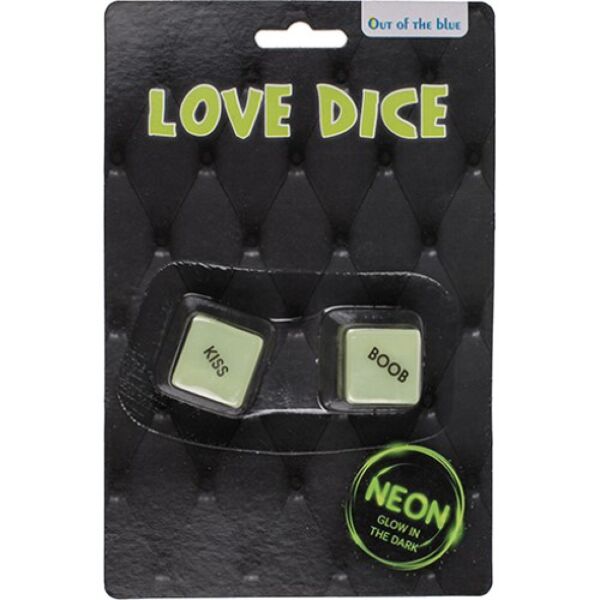 Love Dice Out Of The Blue, two fluorescent green plastic dice