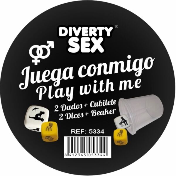 Diablo Picante Play With Me sex dice game, with two dice and a clear cup