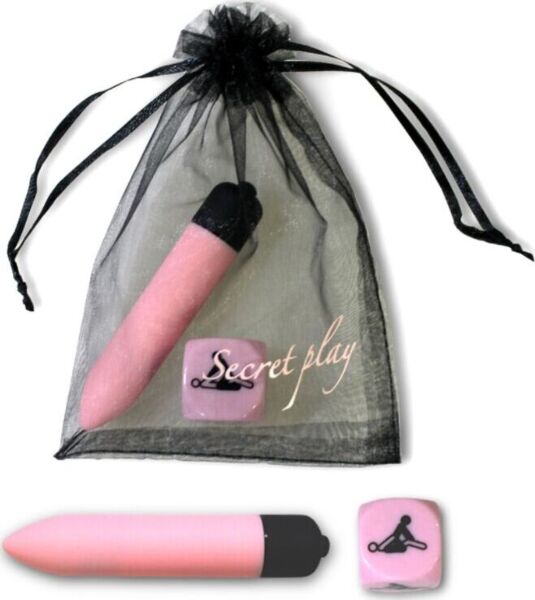 Secret Play Sensual Feelings Kit, with the pink bullet vibrator, the pink position dice and the organza pouch
