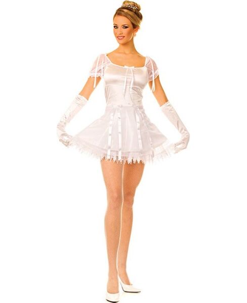 White Music Legs Ballerina Costume S/M with a shiny satin dress and satin gloves