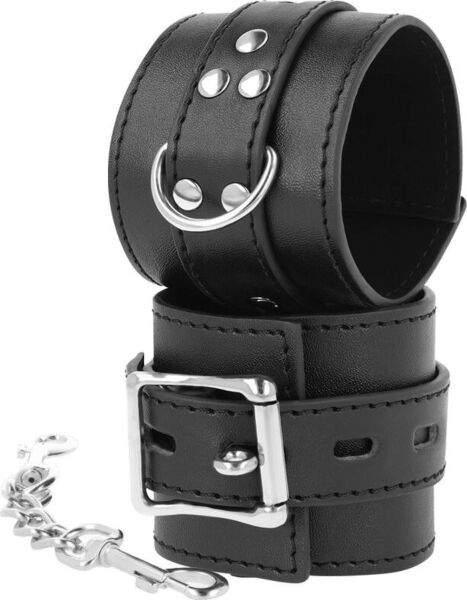Darkness Bondage handcuffs with black buckle straps, joined by a chain
