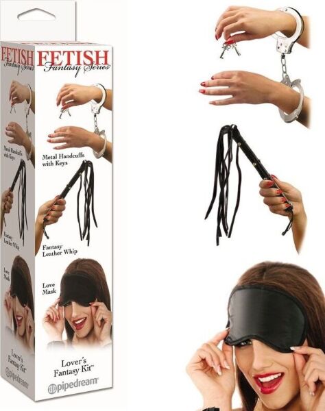 Pipedream Lover's Fantasy Kit with a leather whip, metal cuffs with keys and a satin mask