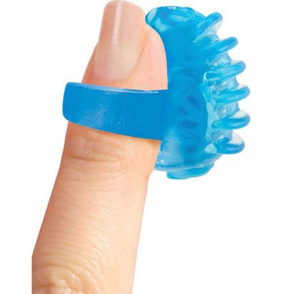 Screaming O Fingo Tips Blue finger vibrator, a clear blue ring with raised textures