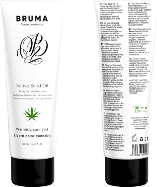 Bruma Cannabis lubricant gel with a cannabis flavour and warming effect, in 6 ml and 100 ml sizes