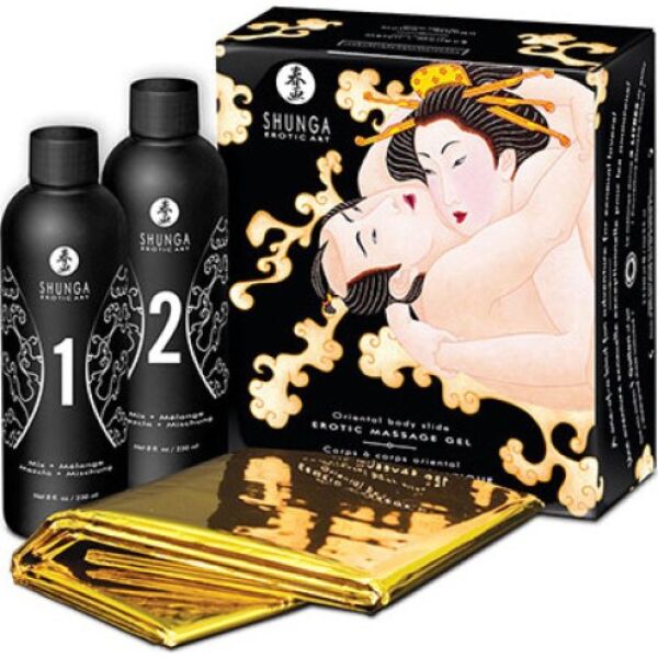 Shunga Oriental body-to-body massage gel kit with its golden sheet
