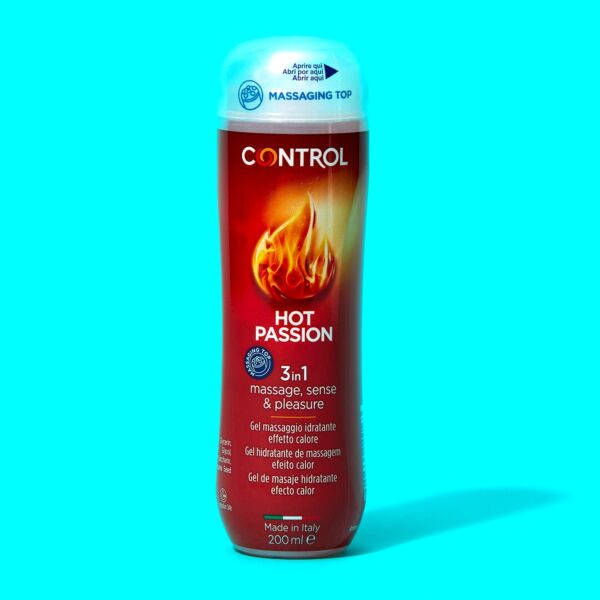 200 ml bottle of Control Hot Passion massage gel with its 5-ball cap