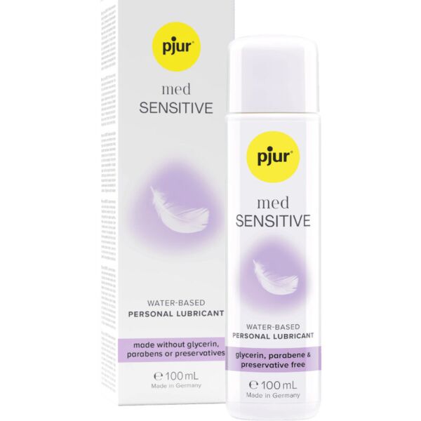 Pjur Med Sensitive Glide water-based lubricant in its 2 ml and 100 ml sizes