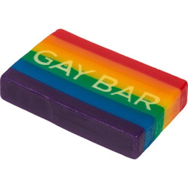 Out Of The Blue Gay Bar hand soap in rainbow colours with “GAY BAR” written on the face