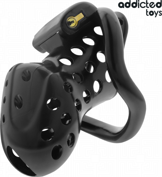 Addicted Toys Locked 10.5 cm chastity cage with its four rings, the padlock and the keys
