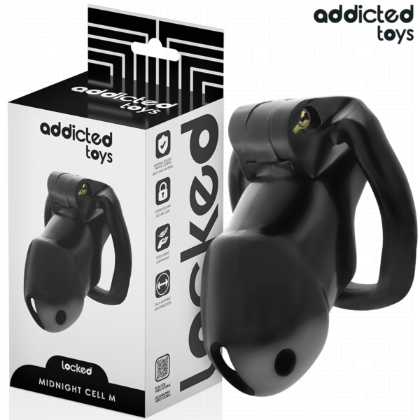 Addicted Toys Locked Mindnight Cell chastity cage with its rings and keys
