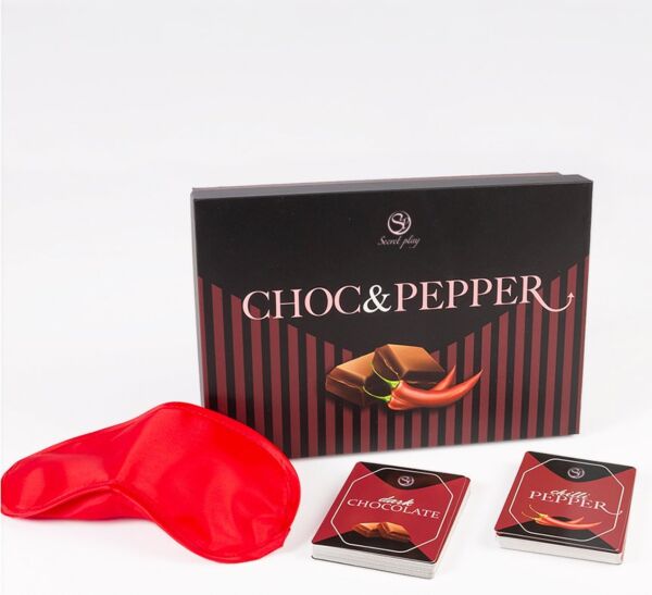 Secret Play Choc & Pepper card game, with its chocolate and pepper cards and the blindfold