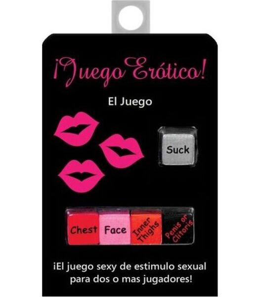 Kheper Games 5 Dice sex dice, with the red action die and the four body part dice