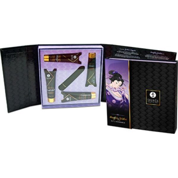 Shunga Naughty Geisha kit with a bullet vibrator, Toko lubricant, Secret Garden gel, and Dragon and Rain of Love creams
