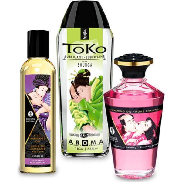 Shunga Fruity Kisses gift kit with its three bottles