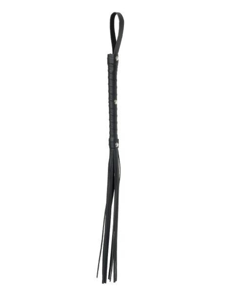 Pipedream Deluxe Cat-O-Nine Tails 50 Shades whip with leather tails, a braided handle and a wrist strap