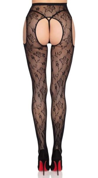 Leg Avenue Esme 1967 crotchless tights in black floral net with a garter effect