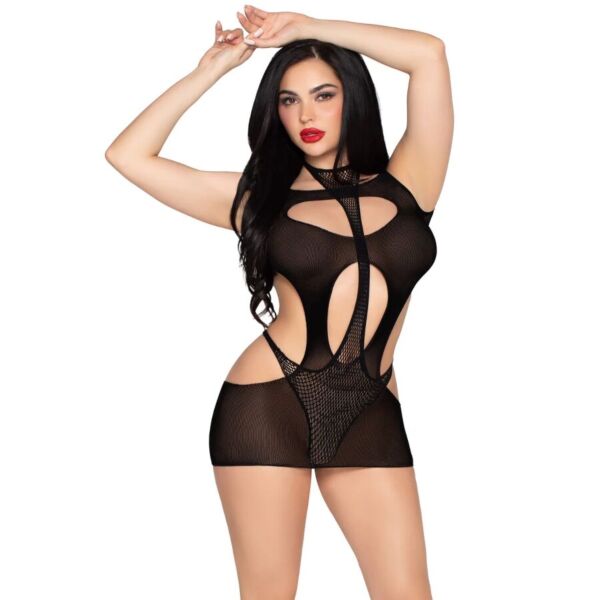 Leg Avenue Main Stage set in black: cut-out mini dress over a fishnet halter bodysuit