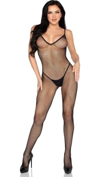 Leg Avenue 89375 black net bodystocking with a crochet finish and an open crotch